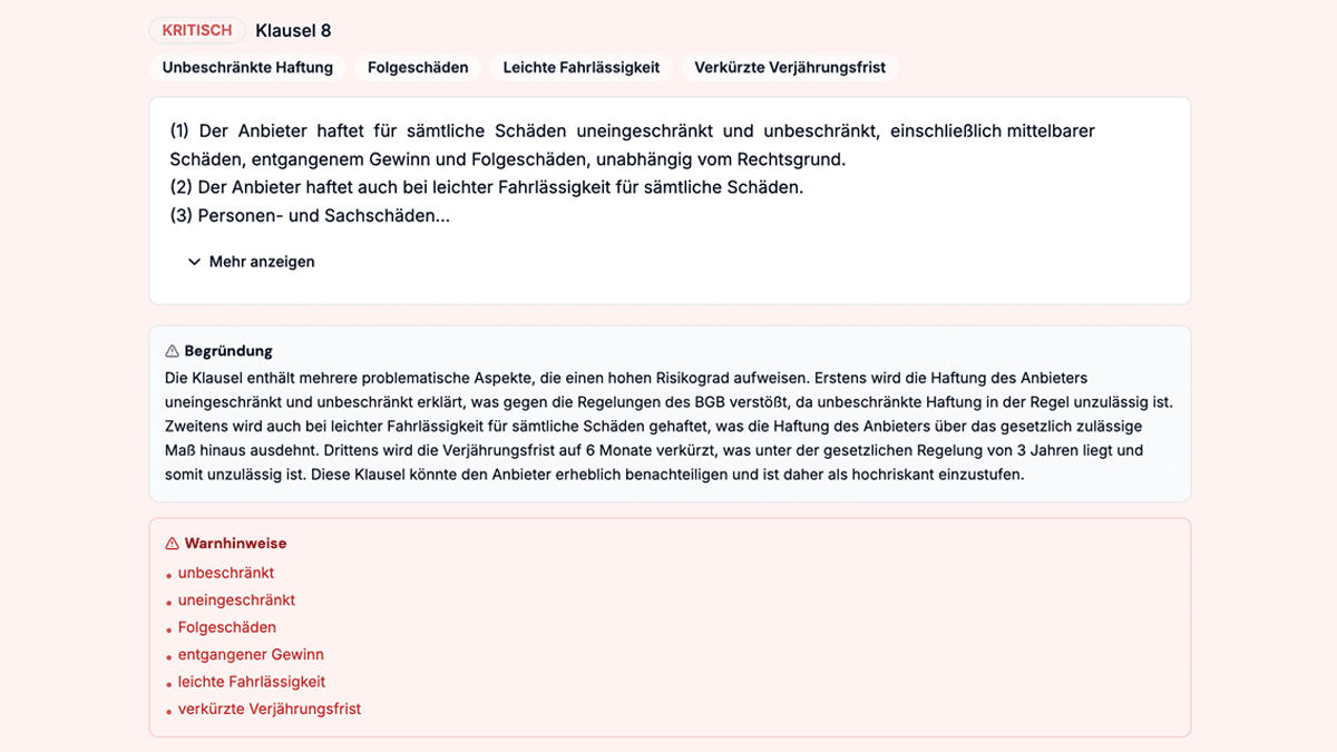 Clausentia Vertragsanalyse Interface - Haftungsrisiken in Wartungsverträgen erkennen